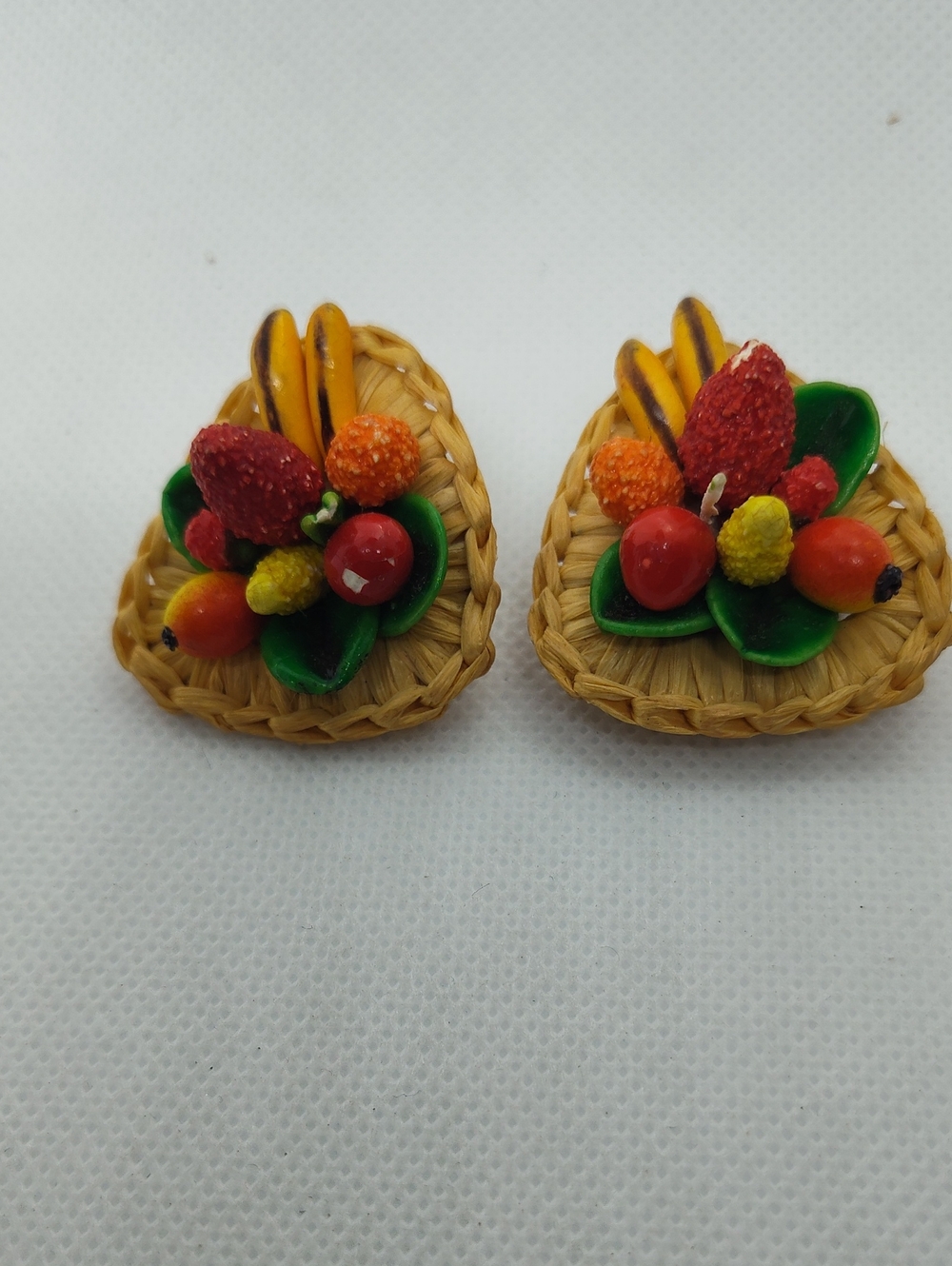 1950s West Germany Straw Fruit Basket Clip-On Earrings - Fun Collectible